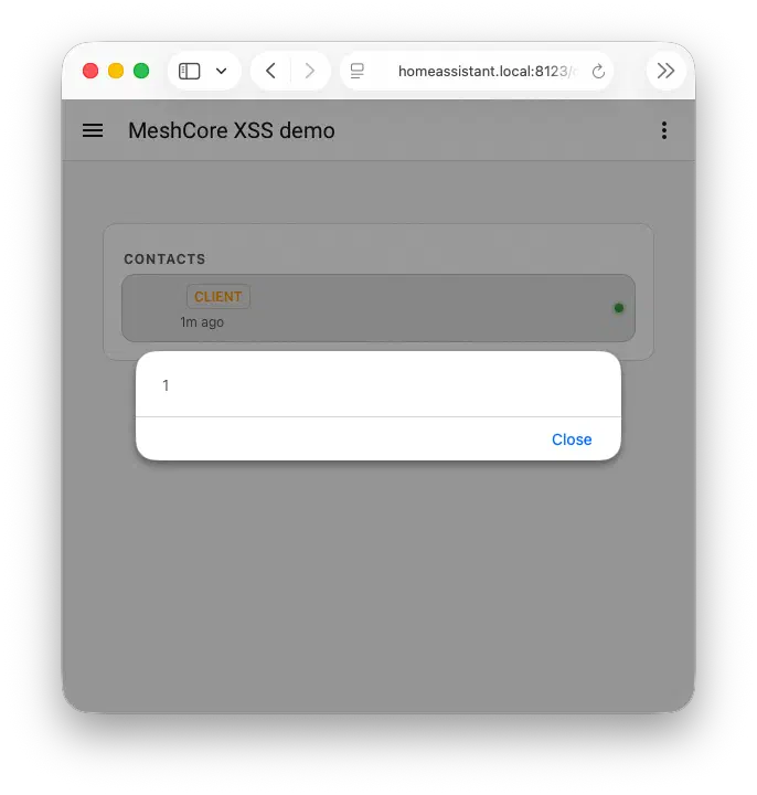 an alert(1) from meshcore-card