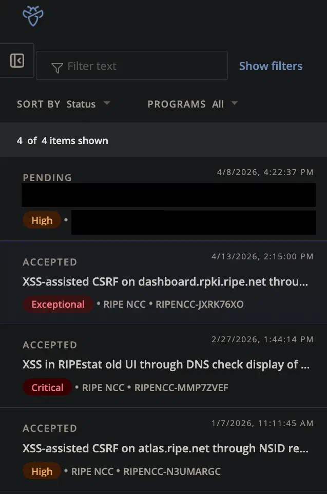 Screenshot of Intigriti bug bounty platform, showing several of my reports