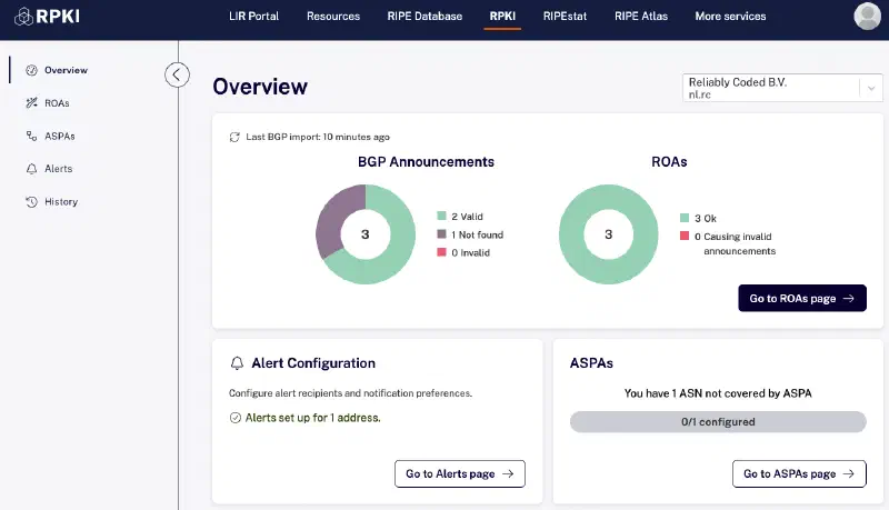 Screenshot of the RPKI dashboard