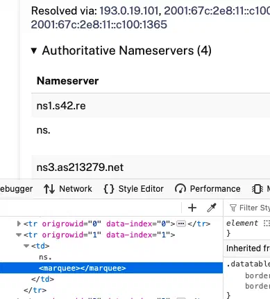 Screenshot of stat.ripe.net with Firefox web inspector, showing the marquee tag Screenshot of stat.ripe.net with Firefox web inspector, showing the marquee tag